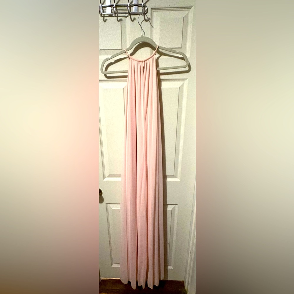 Pink halter open back maxi dress.